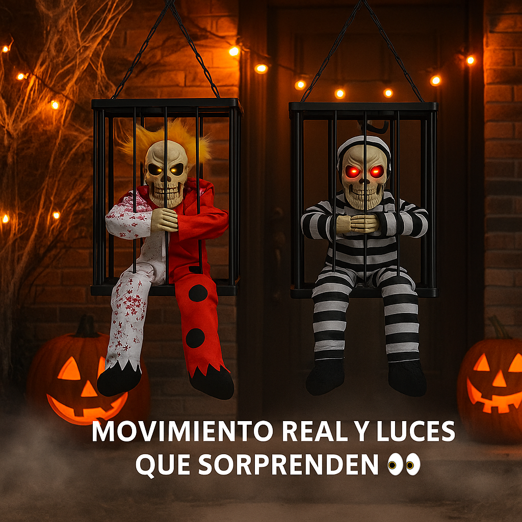 Muñeco de Halloween en Jaula con Luz y Movimiento