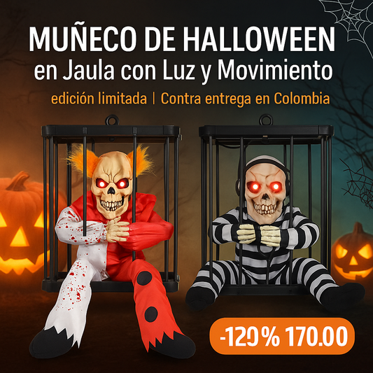 Muñeco de Halloween en Jaula con Luz y Movimiento